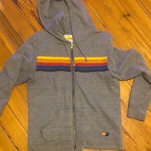 Avia Gray Zip-Up Sweater with Colorful Stripes